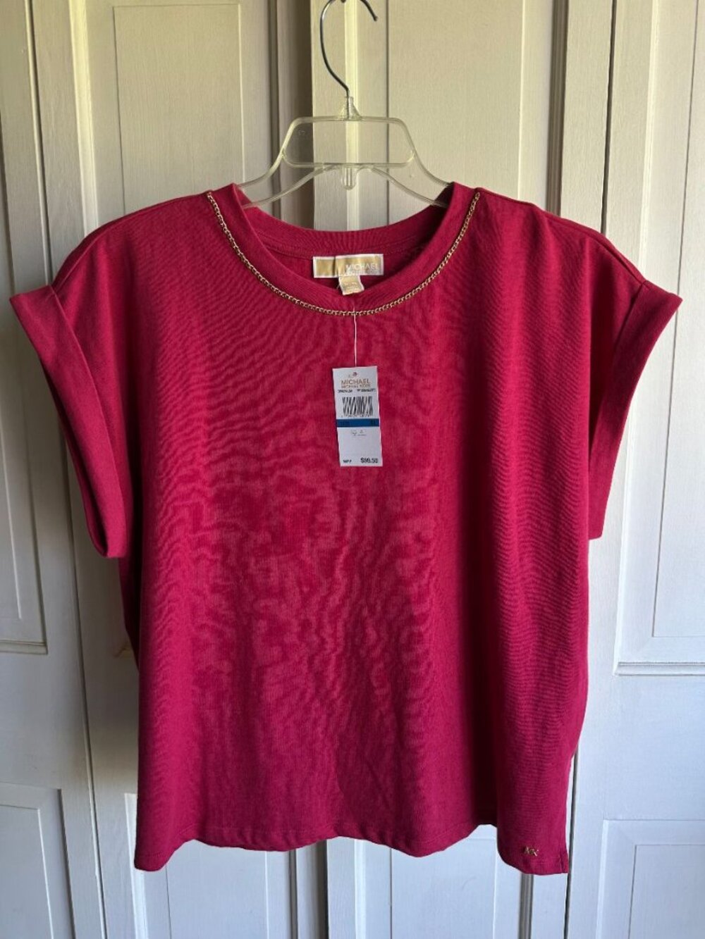 NWT $99.50 MICHAEL KORS COTTON/BLEND TOP/T-SHIRT in CRANBERRY WITH CHAIN SIZE XL